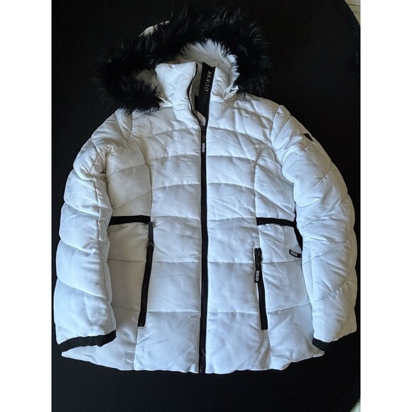 GUESS Womens Puffer Hoodie Jacket Removable Faux-Fur Trim White Sz- M - Picture 1 of 6
